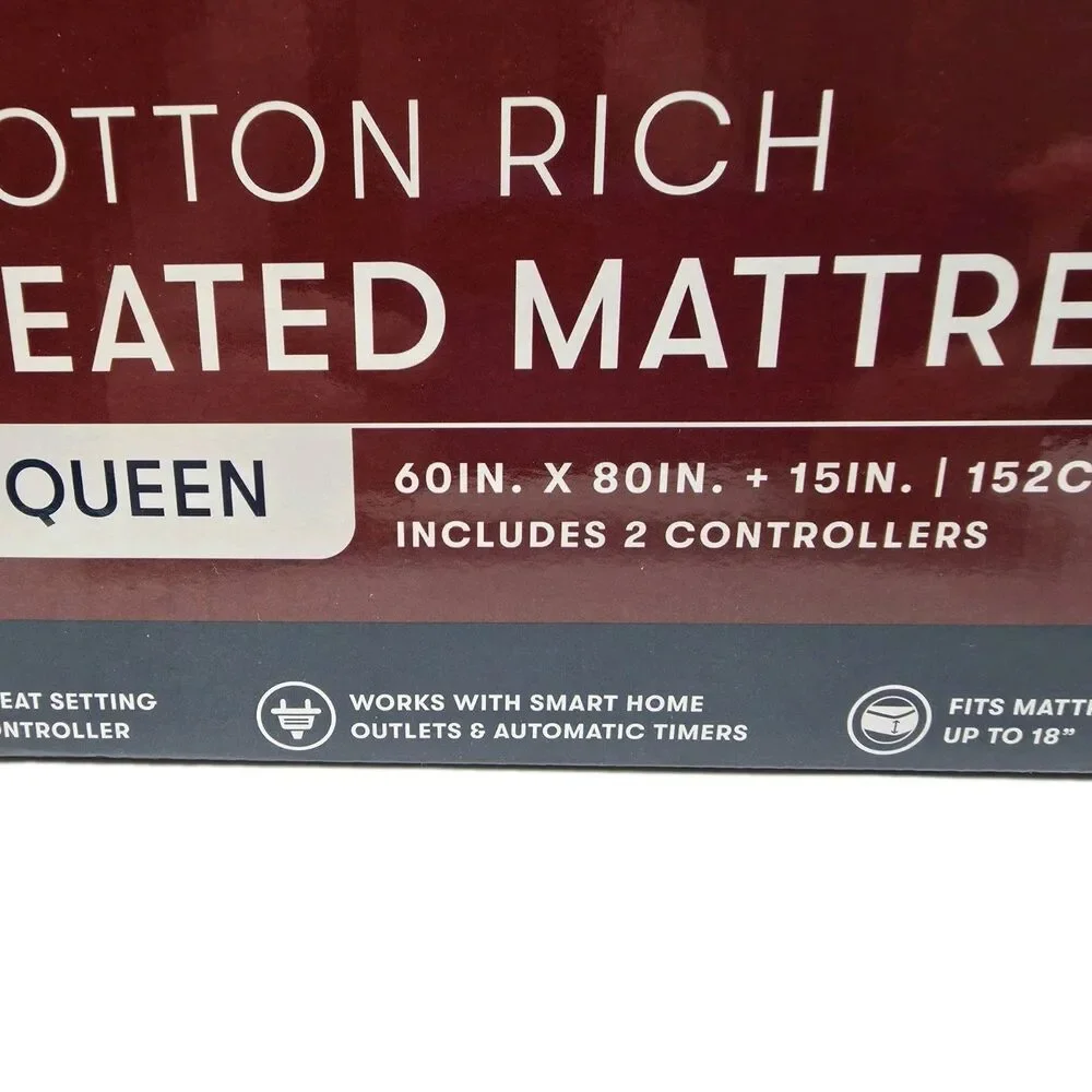 Serta Cotton Rich Queen Heated Mattress Pad Deep Fit, 5 Settings + 2 Controllers